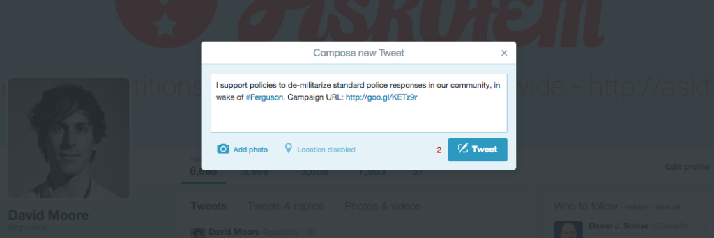 Sample social media update, w/ topic hashtag, connected to campaign URL, to be delivered via open data standards.