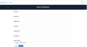 Simpolfy's "Add Politician" interface, to crowdsource new open city data to OpenGovernment.org and other APIs.